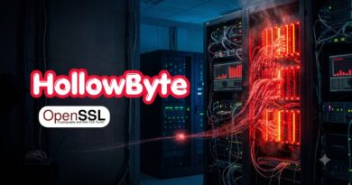 Server room with glowing red network cables and racks; HollowByte branding and OpenSSL badge overlaid