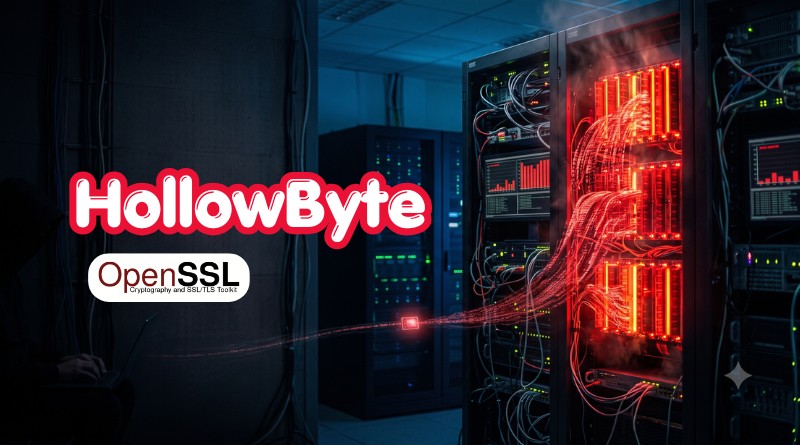 Server room with glowing red network cables and racks; HollowByte branding and OpenSSL badge overlaid