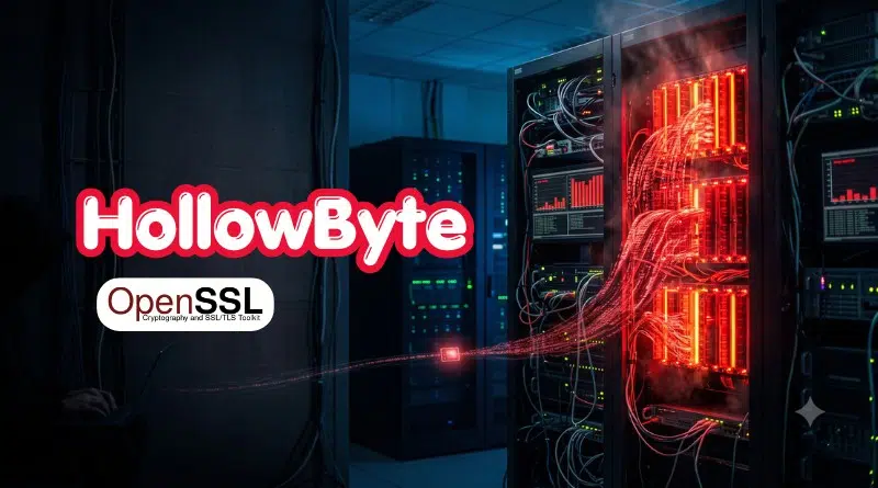 Server room with glowing red network cables and racks; HollowByte branding and OpenSSL badge overlaid