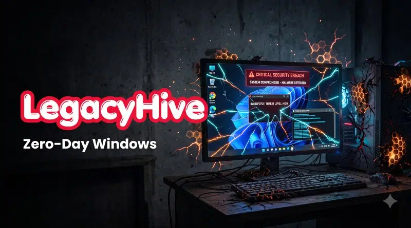 LegacyHive Zero-Day Windows promo: red logo on the left with a dark, high-tech setup showing a desktop PC displaying a critical security breach alert on the screen.