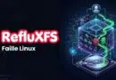 RefLuxFS logo with the subtitle 'Faille Linux' beside a neon, holographic data cube above a hard drive.