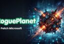 Promotional banner for RoguePlanet patching Microsoft, with a fiery planet made of tech components and circuit graphics on the right.