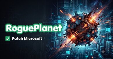 Promotional banner for RoguePlanet patching Microsoft, with a fiery planet made of tech components and circuit graphics on the right.