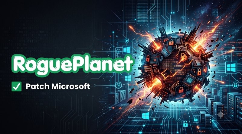 Promotional banner for RoguePlanet patching Microsoft, with a fiery planet made of tech components and circuit graphics on the right.