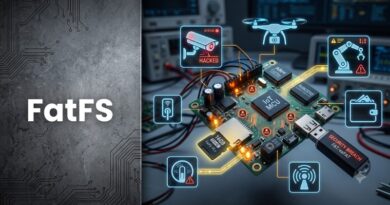 Close-up of a circuit board with glowing security-overlay icons (hacked status, drone, Wi‑Fi, security breach) and the text 'FatFS' on the left.