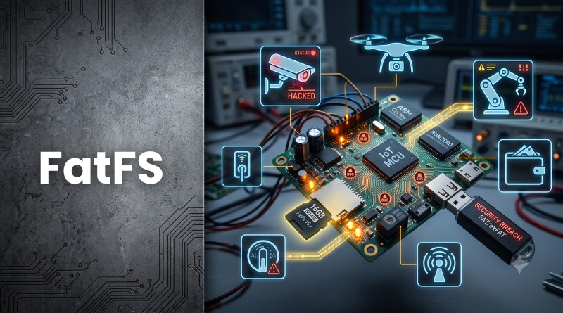 Close-up of a circuit board with glowing security-overlay icons (hacked status, drone, Wi‑Fi, security breach) and the text 'FatFS' on the left.