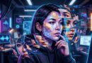 Three young people in a neon-lit lab study holographic data and floating code fragments.