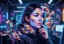 Three young people in a neon-lit lab study holographic data and floating code fragments.