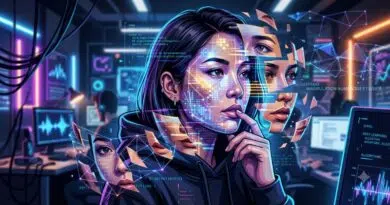 Three young people in a neon-lit lab study holographic data and floating code fragments.
