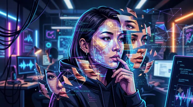 Three young people in a neon-lit lab study holographic data and floating code fragments.