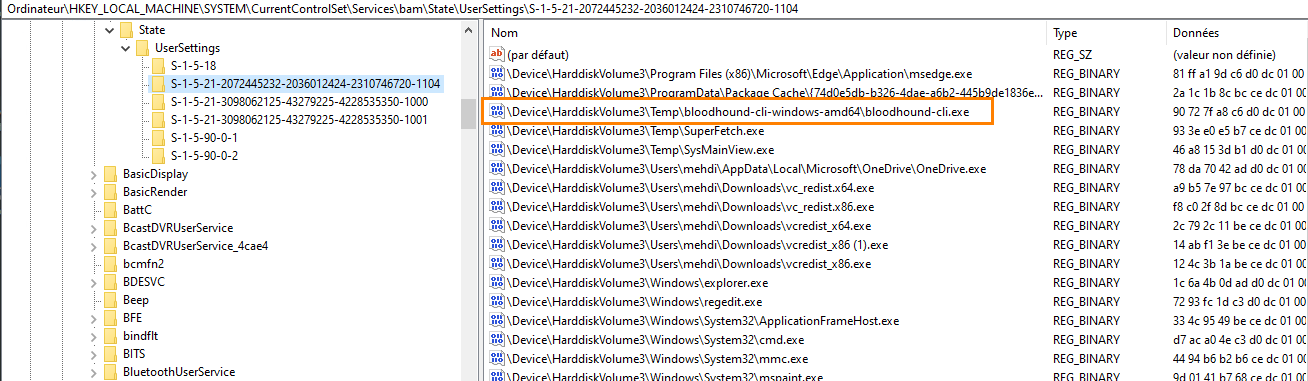 Windows Registry Editor with a user-specific key selected; the bloodhound-cli-windows-amd64bloodhound-cli.exe entry is highlighted under UserSettings.