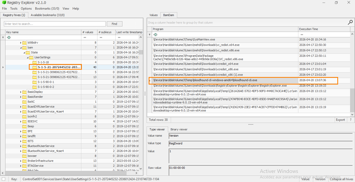 Screenshot of Registry Explorer: left pane shows registry hive tree, right pane lists values for a user SID under State, with a highlighted key 'S-1-5-21-...-203...' selected.