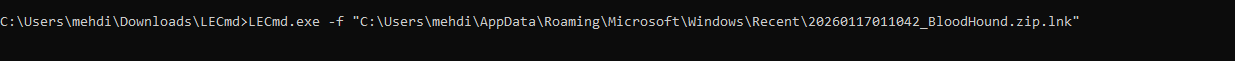 Windows command prompt showing a command to run LECmd.exe with the -f flag and a path to BloodHound.zip.lnk