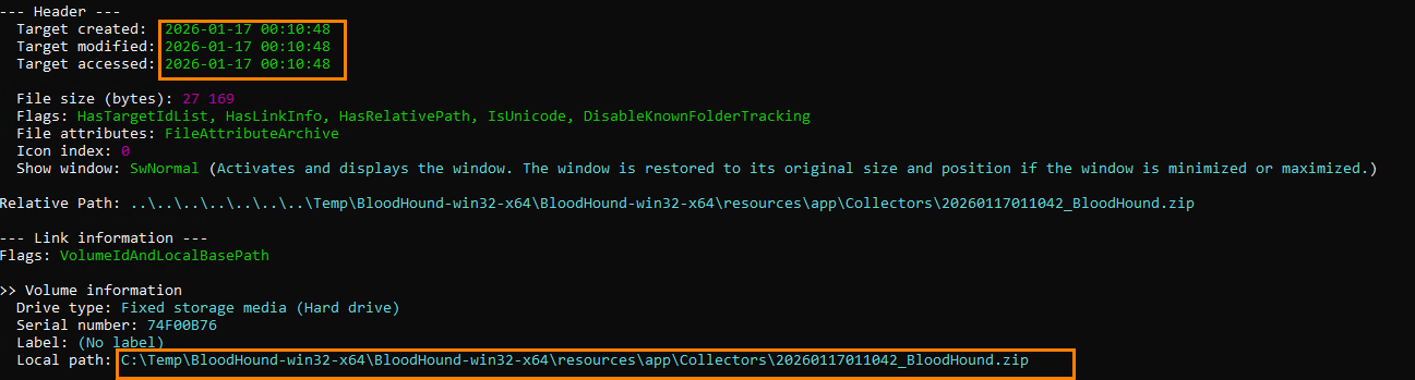 Terminal-style output showing the local path to BloodHound.zip in C:TempBloodHound-win32-x64BloodHound-win32-x64resourcesappCollectors20260117011042_BloodHound.zip