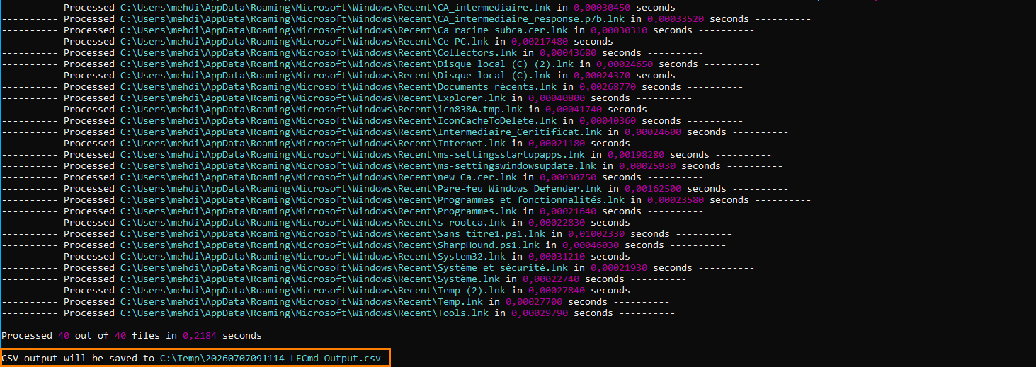 Command prompt showing 40 of 40 files processed; CSV saved to C:Temp20260707091114_LECmd_Output.csv