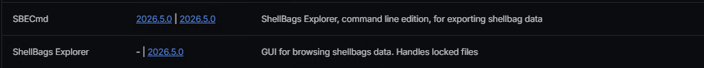 Status panel showing two ShellBags tools: SBECmd (command line edition) and ShellBags Explorer (GUI), both at version 2026.5.0 with brief descriptions.