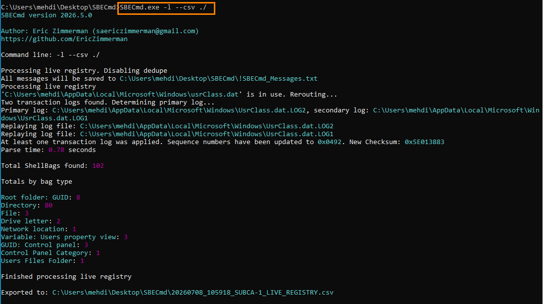 Command Prompt running SBECmd.exe with -l -csv option to export registry data to CSV.