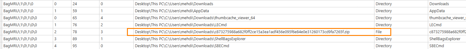 Screenshot of a file explorer-like list showing items in the Downloads folder; the highlighted item is a ZIP file named 'c8732579a682f0ff2e15a3ea1adf456e095f...', located in C: