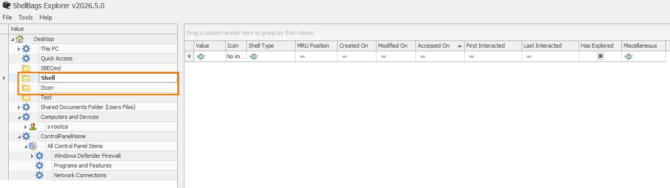 Screenshot of ShellBags Explorer v2026.5.0: left tree shows Desktop/This PC and a highlighted Shell > Itcon, right pane with column headers (Value, Icon, Shell Type, MRU Position, Created On, etc.).