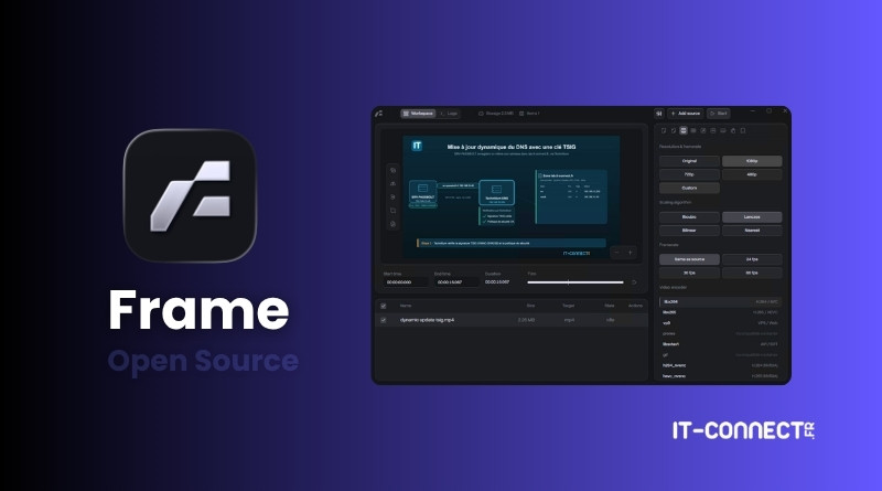 Promotional banner showing the Frame Open Source logo and name beside a dark software dashboard on a purple gradient background.