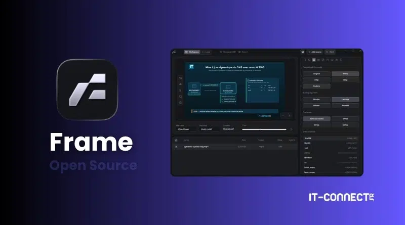 Promotional banner showing the Frame Open Source logo and name beside a dark software dashboard on a purple gradient background.