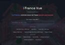 France Vue landing page: dark hero with logo, French tagline, and a centered search field over a map background.