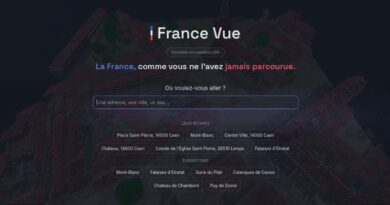 France Vue landing page: dark hero with logo, French tagline, and a centered search field over a map background.