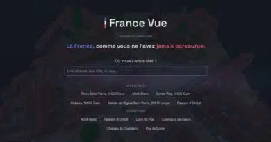 France Vue landing page: dark hero with logo, French tagline, and a centered search field over a map background.