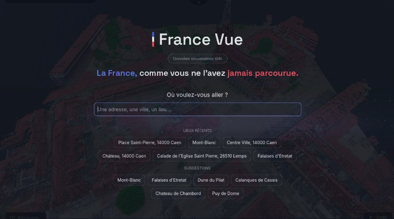 France Vue landing page: dark hero with logo, French tagline, and a centered search field over a map background.
