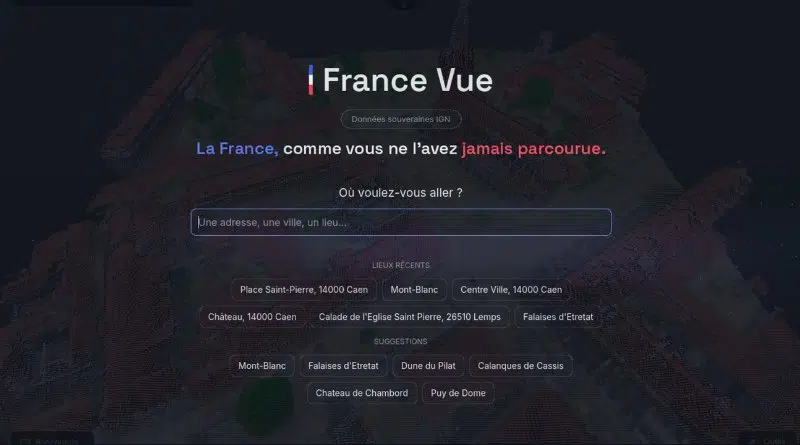 France Vue landing page: dark hero with logo, French tagline, and a centered search field over a map background.