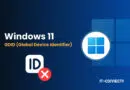 Graphic showing Windows 11 GDID concept with a Windows logo, an ID badge and a red cancel X, IT-CONNECT.fr branding