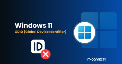 Graphic showing Windows 11 GDID concept with a Windows logo, an ID badge and a red cancel X, IT-CONNECT.fr branding