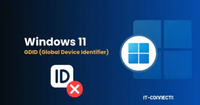 Graphic showing Windows 11 GDID concept with a Windows logo, an ID badge and a red cancel X, IT-CONNECT.fr branding