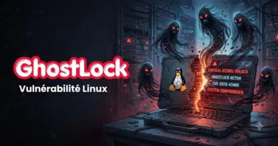 Dark sci-fi scene with a laptop showing the Linux penguin and a 'Critical Kernel Breach' warning, surrounded by ghostly figures.