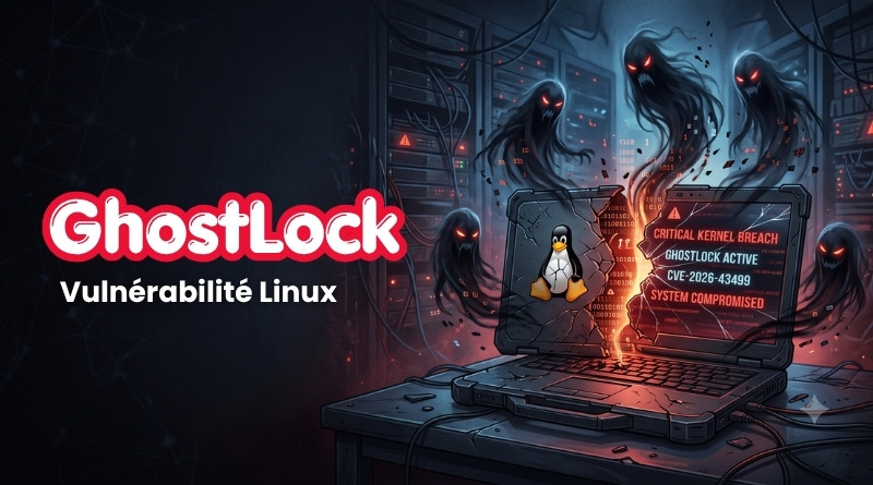 Dark sci-fi scene with a laptop showing the Linux penguin and a 'Critical Kernel Breach' warning, surrounded by ghostly figures.