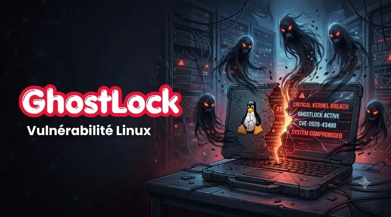 Dark sci-fi scene with a laptop showing the Linux penguin and a 'Critical Kernel Breach' warning, surrounded by ghostly figures.