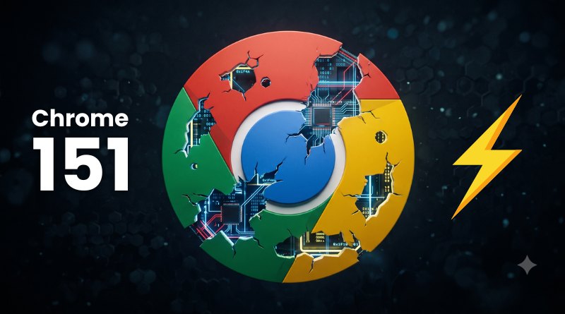 Chrome logo with cracked, exposed circuitry, the number 151 to the left, and a yellow lightning bolt on the right against a dark background.