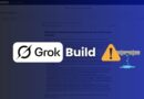 Grok Build logo with a yellow warning icon and a leaking pipe on a blue gradient background.