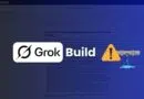 Grok Build logo with a yellow warning icon and a leaking pipe on a blue gradient background.