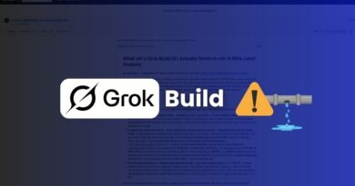 Grok Build logo with a yellow warning icon and a leaking pipe on a blue gradient background.