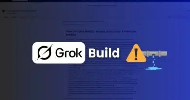 Grok Build logo with a yellow warning icon and a leaking pipe on a blue gradient background.