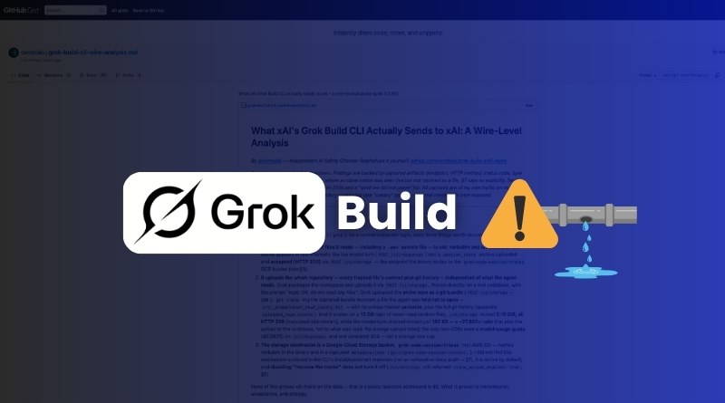 Grok Build logo with a yellow warning icon and a leaking pipe on a blue gradient background.