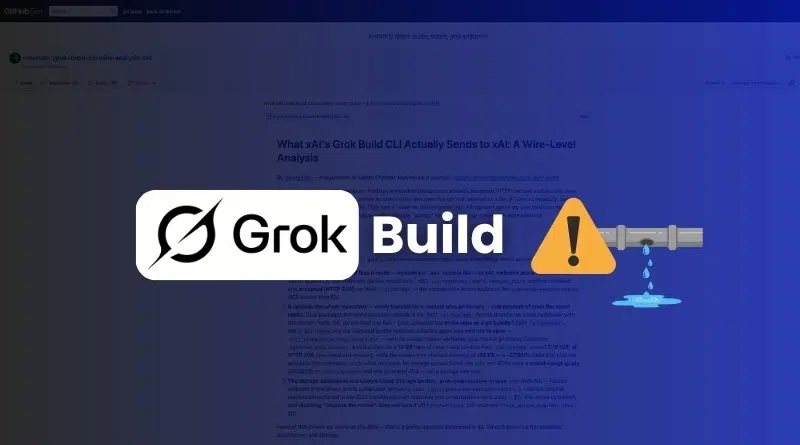 Grok Build logo with a yellow warning icon and a leaking pipe on a blue gradient background.