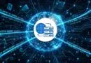 Global digital network with a central server icon surrounded by a glowing blue sphere of data streams and circuitry.