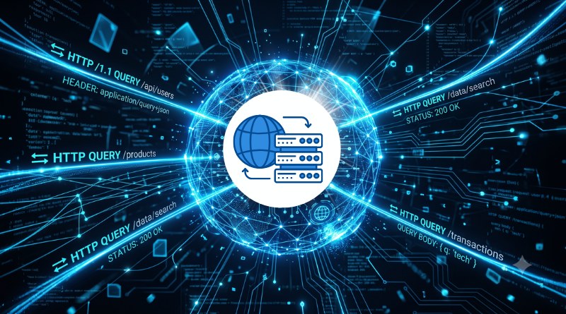 Global digital network with a central server icon surrounded by a glowing blue sphere of data streams and circuitry.