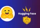 Brand banner showing the Hugging Face logo with a smiling hugging emoji and a yellow security shield on a blue‑to‑purple gradient background.