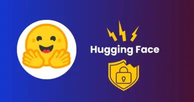 Brand banner showing the Hugging Face logo with a smiling hugging emoji and a yellow security shield on a blue‑to‑purple gradient background.