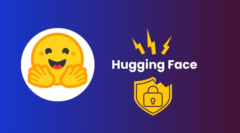 Brand banner showing the Hugging Face logo with a smiling hugging emoji and a yellow security shield on a blue‑to‑purple gradient background.