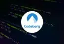 Codeberg logo on a dark code editor background with colorful syntax highlighting.